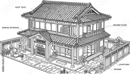 Foto Traditional Japanese house architectural blueprint vector illustration featuring