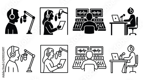 Quadro su tela People recording audio in studios with microphones and soundboards for broadcast