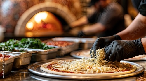 Hands in black gloves sprinkle shredded cheese onto a pizza base