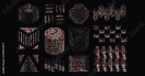 Futuristic geometric halftone shape set featuring red and white pixel dot textures on dark background