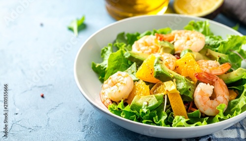 Fresh Gourmet Shrimp Salad with Creamy Avocado and Zesty Orange Slices in a White Bowl