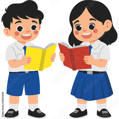 Indonesian Junior High School Students Reading Books Illustration