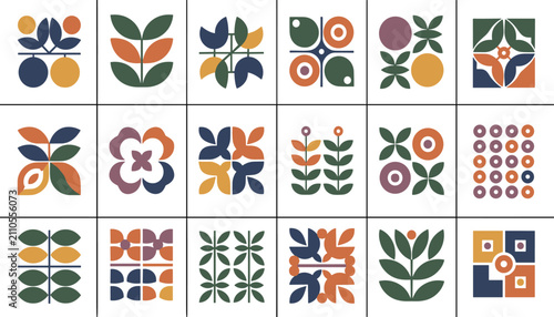 Geometric grid of mid-century modern floral patterns and abstract organic shapes in warm retro colors on white tiles.