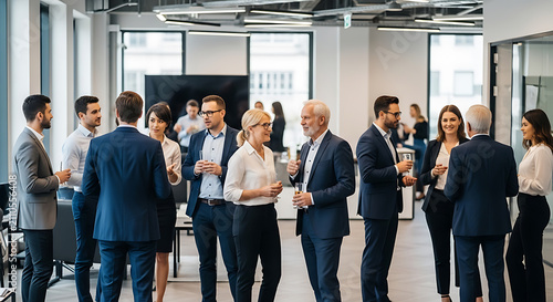 Diverse corporate professionals holding drinks and networking during office cocktail event
