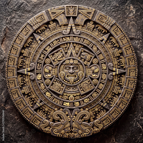 Complete Aztec sun stone calendar wheel carved in dark stone with gold details