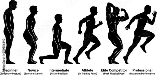 Bild auf Leinwand Evolution of fitness man silhouette stages from sedentary posture to professiona