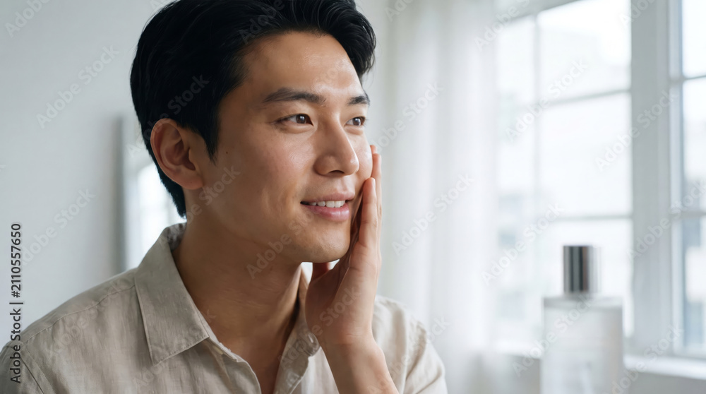 Obraz premium Young Asian Man Applying Skincare Product to His Face