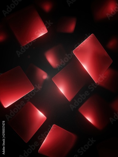 Abstract dark background featuring glowing red floating cubes and rectangles in a subtle animated vector design. Ideal for modern web, presentations, or tech-themed projects.