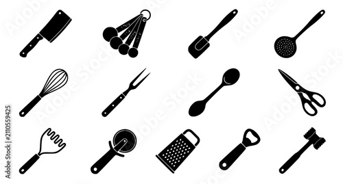 Foto Minimal Kitchen Cooking Tools Silhouette Collection with 13 Vector Icons
