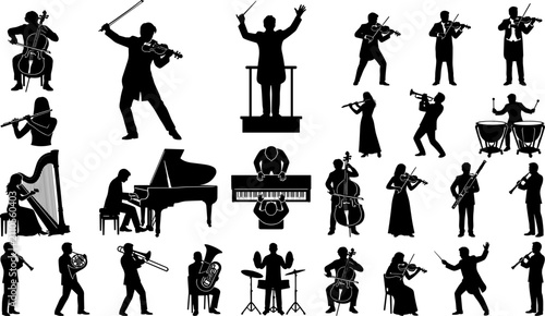 Bild auf Leinwand Orchestra Musician Silhouettes Set Featuring Classical Instrumentalists Conducto