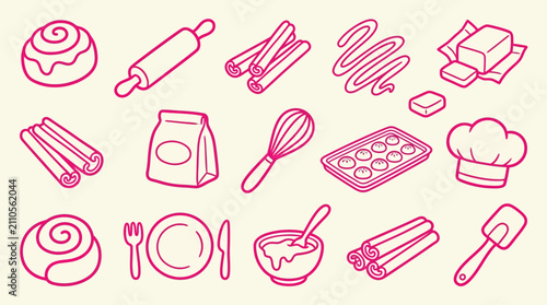 Tableau sur toile Collection of baking ingredients and tools, including cinnamon rolls, rolling pin, cinnamon sticks, icing, butter, flour, whisk, muffin tin, chef hat, plate, bowl, and spatula