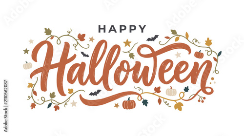 Happy halloween handwritten greeting with autumn decorations with ornaments
