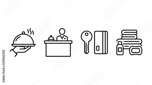 Hotel reception and hospitality guest service icons.