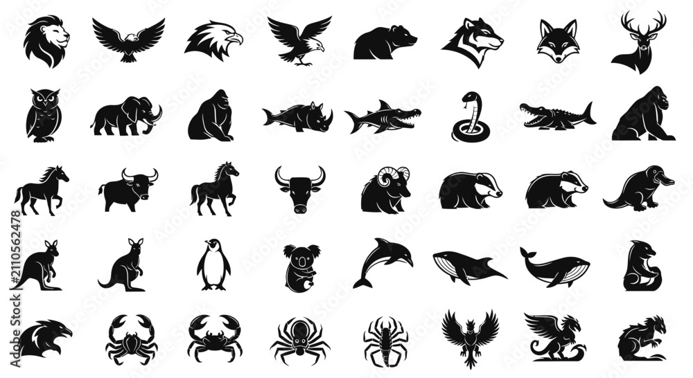 Fototapeta premium Diverse Animal Silhouettes Collection: Wildlife Icons and Symbols
