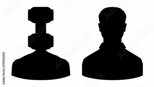 Silhouette of a dumbbell and a man's head and shoulders against a white background with shoulders right set black silhouette dumbbell left with weightlifting