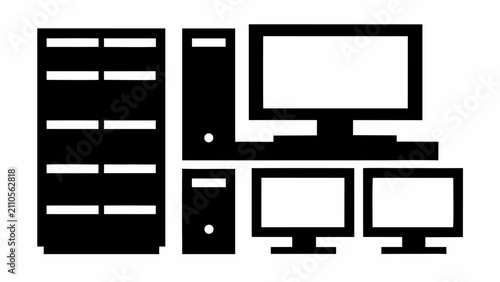 Black silhouette icons of computer tower monitor and server rack on white background with three monitors against white backdrop computer setup