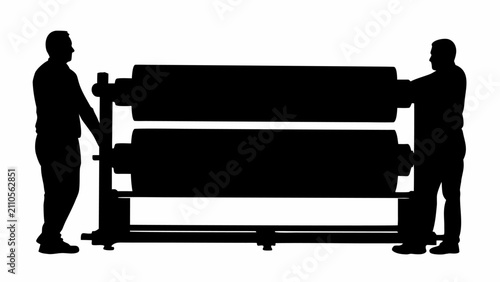 Two industrial workers operating large heavy duty roller machine silhouette against solid white background with displays black silhouette industrial machinery unit