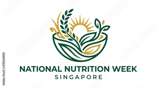 National Nutrition Week Singapore Healthy Bowl with Wheat Leaves and Sunrise Vector Logo