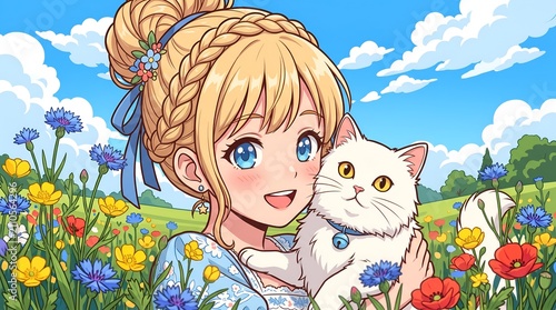 Anime girl holding a white cat in a vibrant summer wildflower meadow