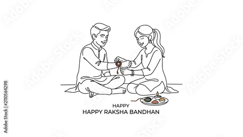 Happy Raksha Bandhan Celebration With Brother And Sister Tying Rakhi Line Art Illustration