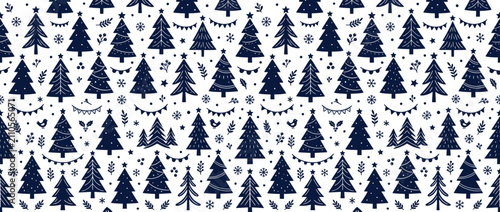 Dark blue Christmas trees pattern with festive accents
