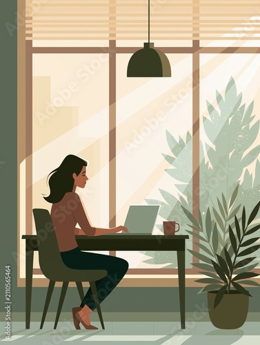 A woman working on laptop at home office desk by large window with sun rays filtering through blinds. Features hanging lamp, potted plants, and warm natural light.