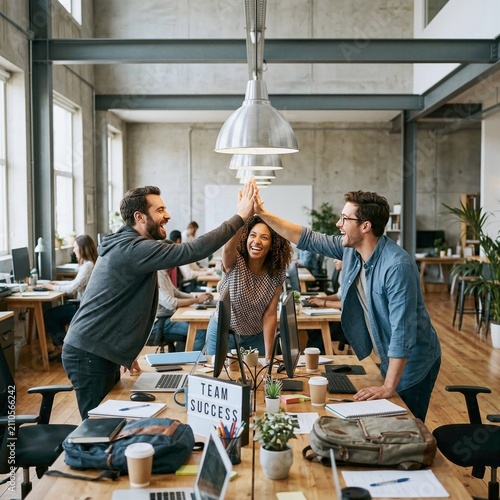 Employees celebrate teamwork with high five in modern industrial office workspace