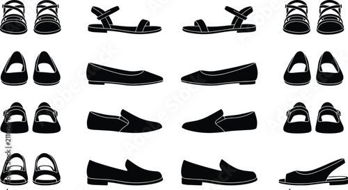 Obraz na płótnie Collection of black women flat footwear silhouettes including sandals loafers an