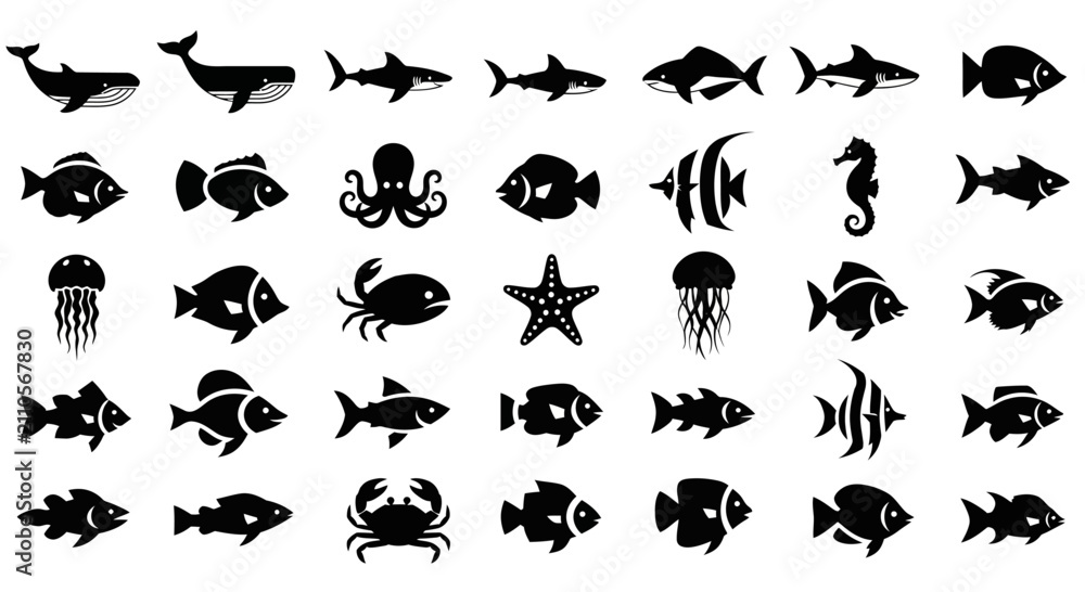 Obraz premium Ocean Life Silhouettes Collection: Diverse Marine Animals and Fish Icons