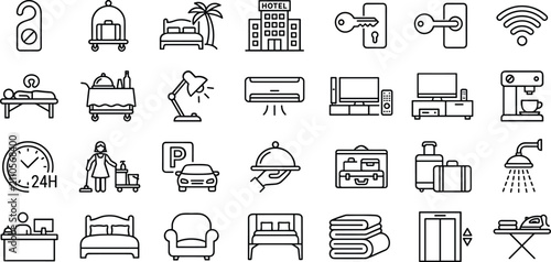 Quadro su tela Comprehensive collection of hospitality service line icons featuring room amenit