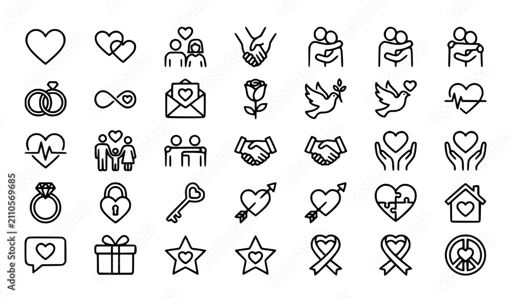 Fototapeta premium Heartfelt connections and love outline icon set vector isolated on white background