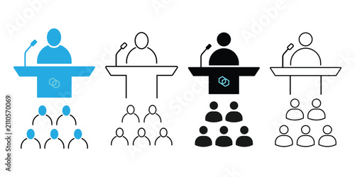 Public Speaking Icons Set – Speaker at Podium, Presentation, Conference and Audience Vector Collection