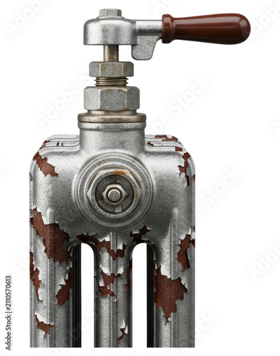 Old industrial radiator valve with rusty metal texture on a transparent backdrop