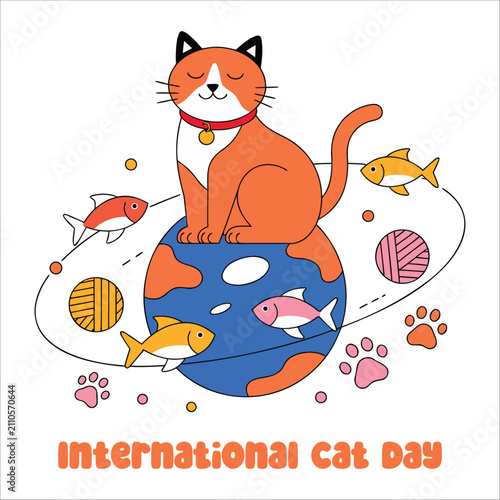 Cat And Fish Illustration With Globe Colorful Line Art Design