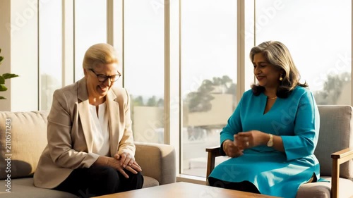 Two women sit facing each other in conversation in a bright sunlit room with large windows. Suitable for friendship, communication, business meetings, and lifestyle content.