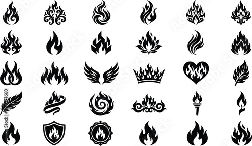 Slika na platnu Set of black fire silhouettes and flame icons for creative design projects isola