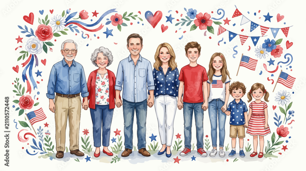 Obraz premium Illustration of multi generational family group for patriotic holiday celebration with surrounded floral borders