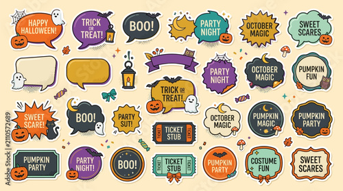 Vibrant halloween party stickers and labels with spooky themed texts