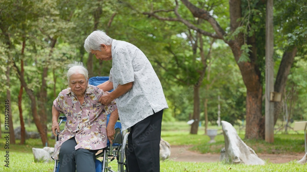 Fototapeta premium Happy Asian senior couple enjoying time together in park with wheelchair assistance. Elderly healthcare, supportive loving relationship, and golden years retirement lifestyle.