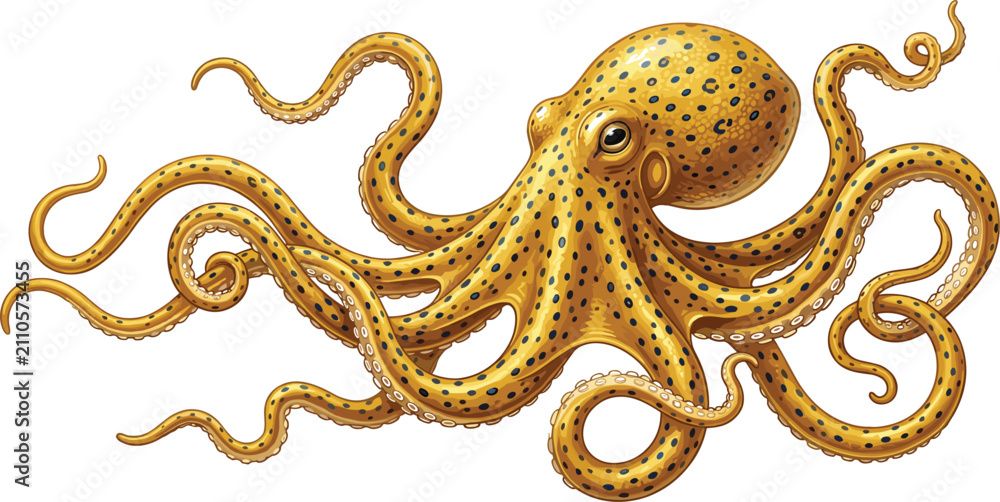 Fototapeta premium Detailed yellow blue ringed octopus vector illustration featuring realistic marine wildlife creature with long curled tentacles and spots
