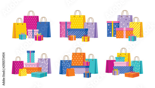 Colorful holiday shopping bags and gift boxes set with decorative surprise presents festive celebration package elements vector illustration