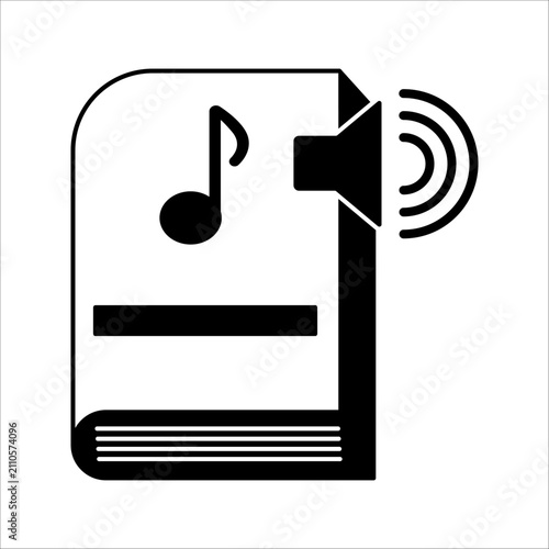 Clean black line and glyph icon of a book with loudspeaker and music notes symbol for digital library and audiobook apps.