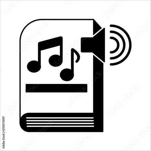 Vector illustration of a book with speaker volume and musical notes symbolizing music education, audiobooks, and sound lessons.