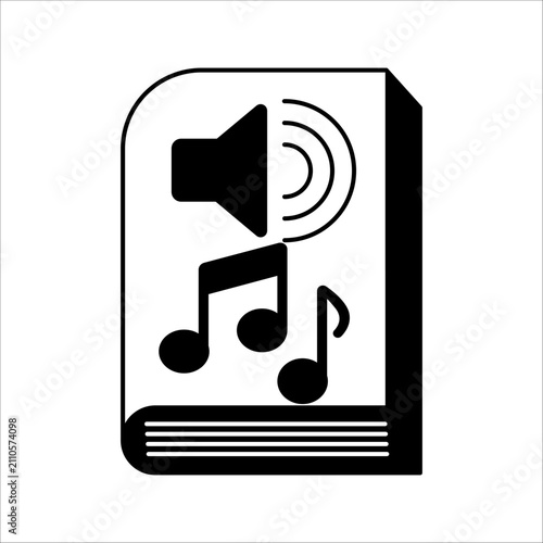 Vector icon representing an audiobook or digital sound learning concept featuring a book with speaker sound waves and musical notes.