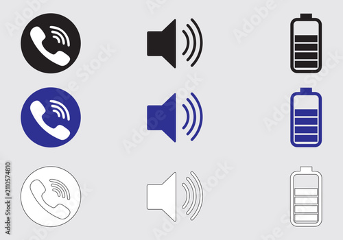 Bild auf Leinwand Silhouette Adobe contributor app icons feature clean, solid black or white shapes on a solid background, including a speaker, battery, and ringing call icon
