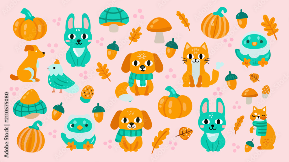Obraz premium Cute autumn animal and pumpkin sticker set with mushrooms seasonal collection
