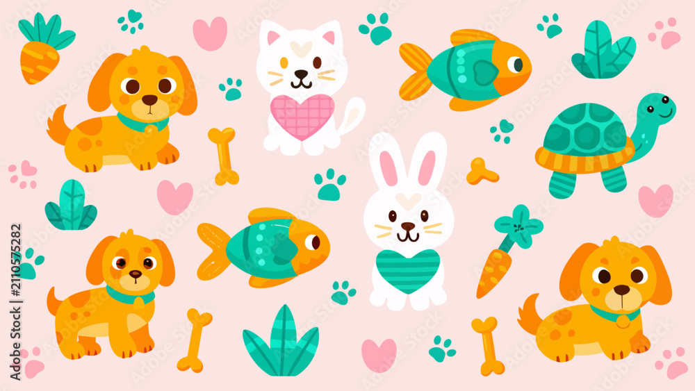 Fototapeta premium Cute cartoon animal set featuring dogs cat rabbit and fish, animal lover