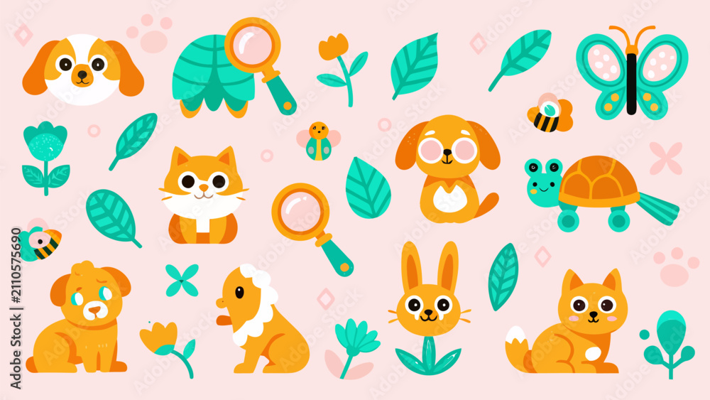 Naklejka premium Cute cartoon animal icons collection with pets and nature elements, butterfly