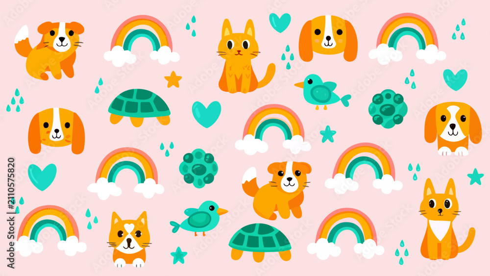 Obraz premium Whimsical animal pattern with rainbows and heart elements, illustration