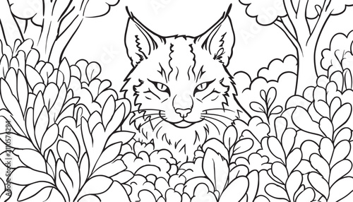 Photography Wild Lynx Hiding in Leaves Foliage Line Art Vector Illustration Coloring Page fo